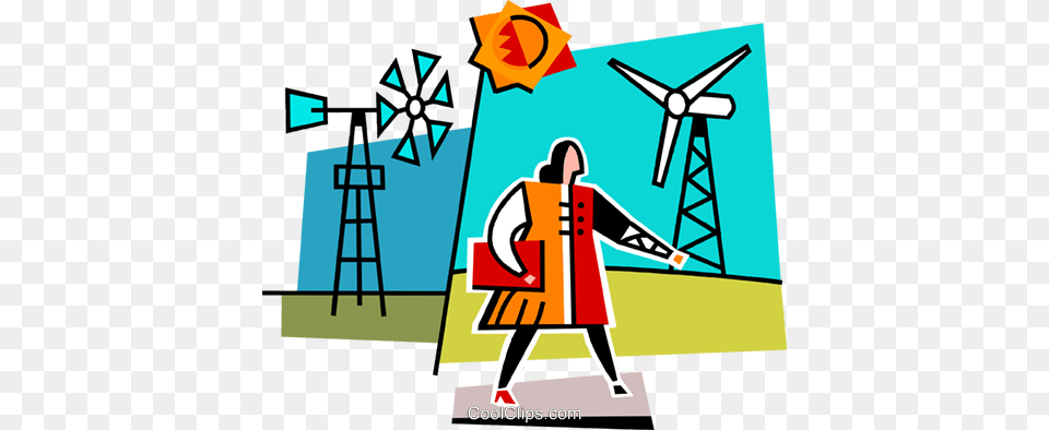 Woman Walking Past Windmills Royalty Vector Clip Art, Engine, Machine, Motor, Person Free Transparent Png