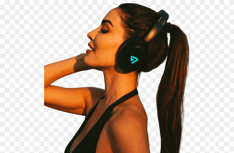 Woman Wearing Blue Colored Neon 100 Bluetooth Headphone Girl With Headphones, Adult, Electronics, Female, Person Png Image