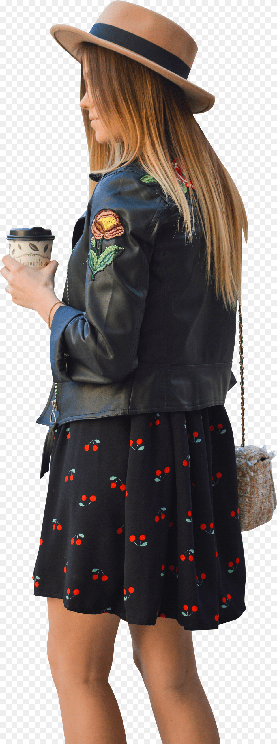 Woman Wearing Floral Black Jacket And Cherry Skirt Floral Dress With Leather Jacket Free Transparent Png