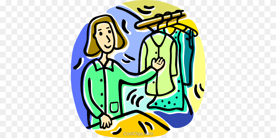 Woman With Clothes On A Rack Royalty Vector Clip Art, People, Person, Baby, Face Free Transparent Png