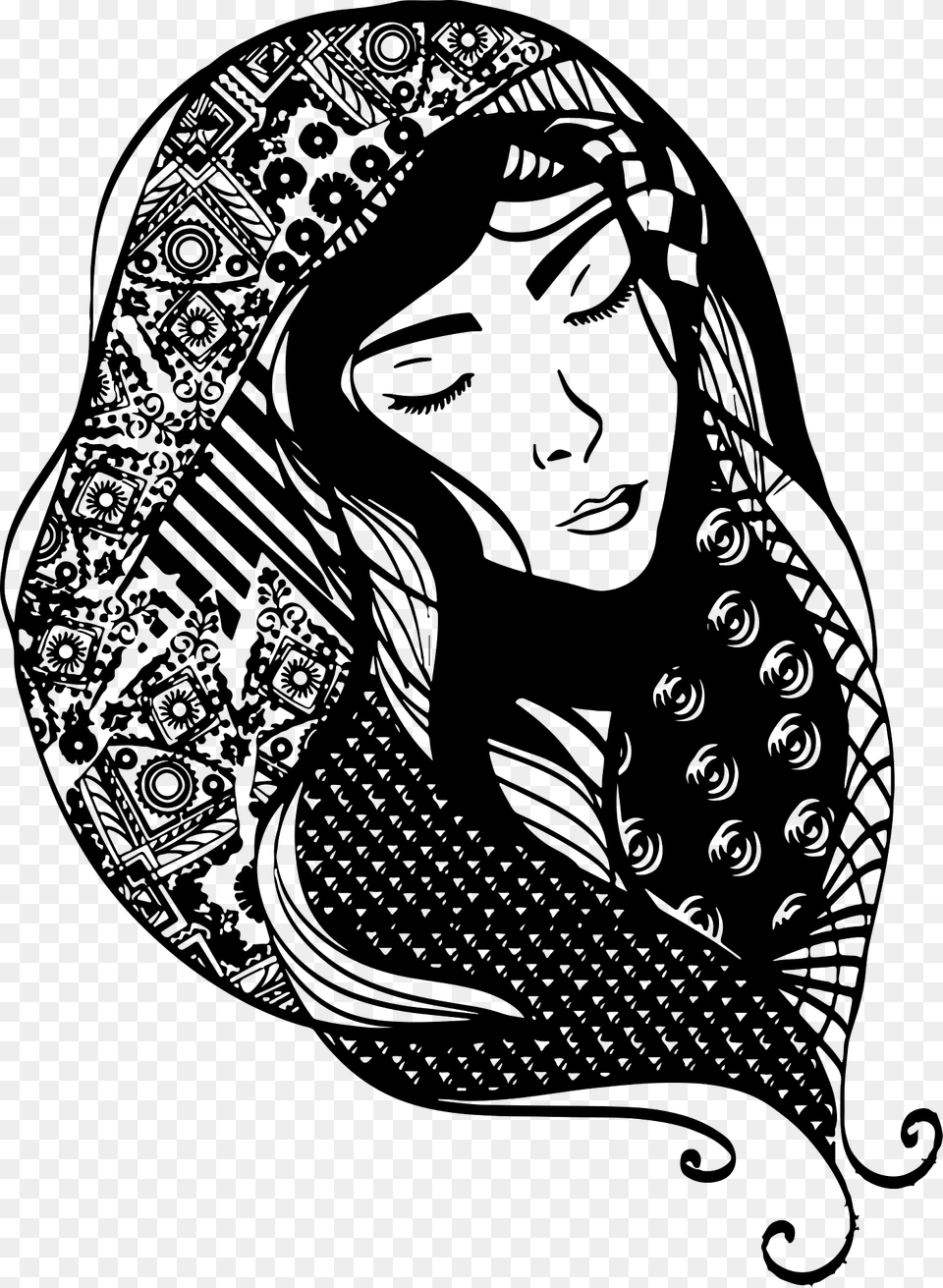 Woman With Deailed Head Scarf Black And White Clipart, Art, Drawing, Face, Person Png