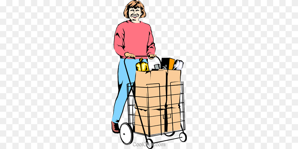 Woman With Grocery Cart Royalty Vector Clip Art Illustration, Box, Plant, Person, Lawn Mower Png