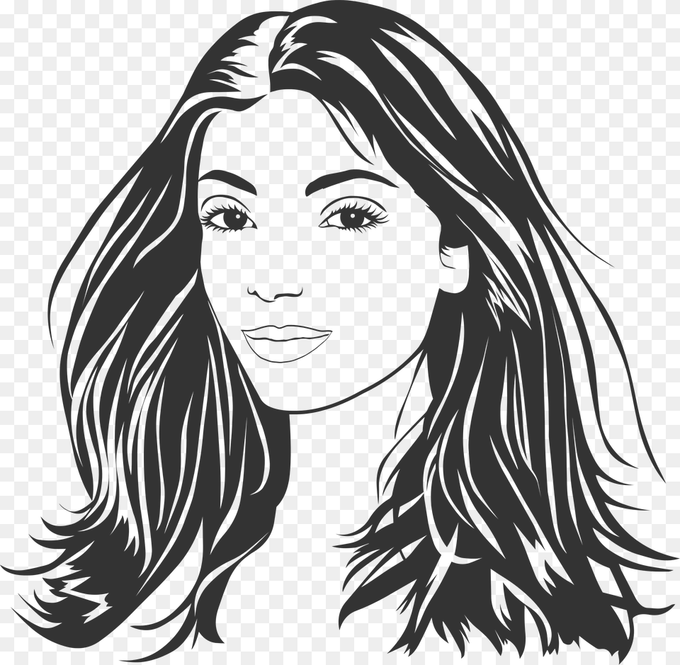 Woman With Long Hair Line Art Clip Arts Girl Face Black And White Clipart, Adult, Person, Female, Drawing Free Png
