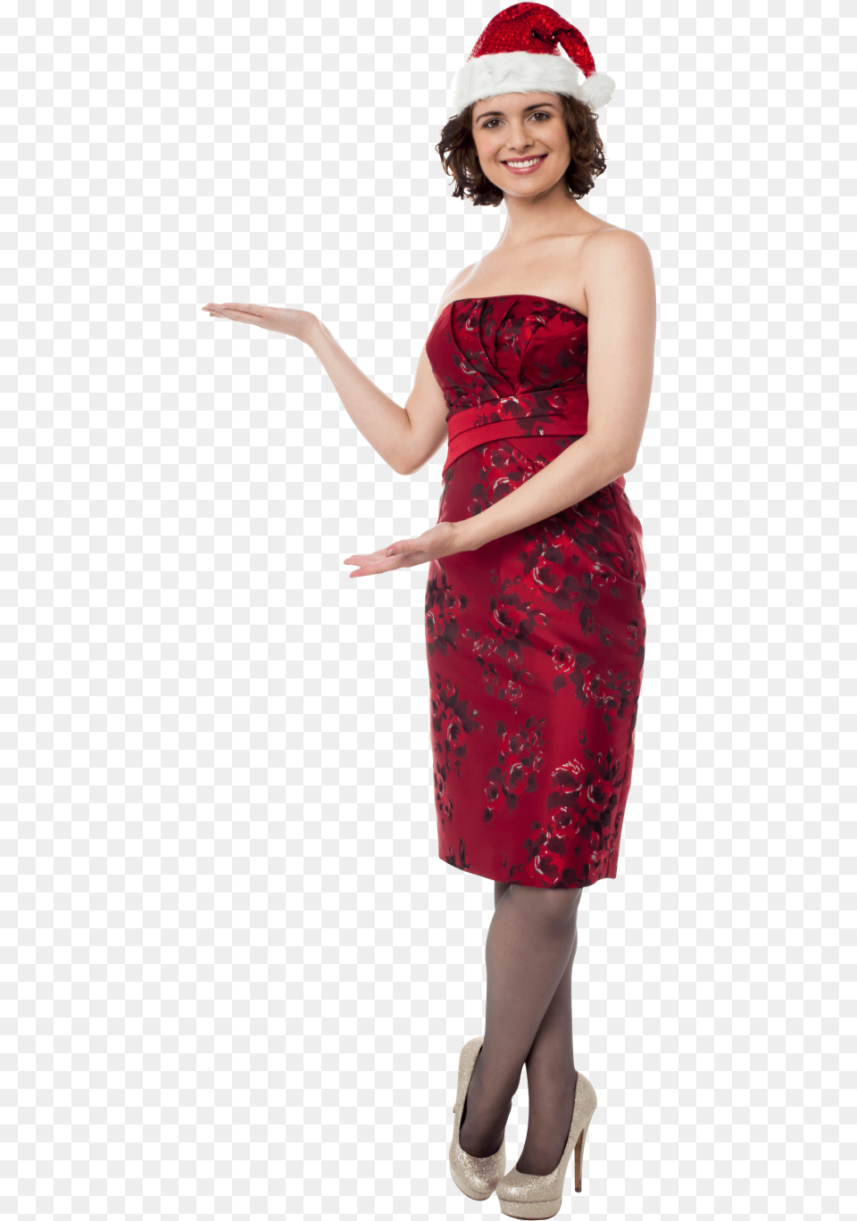 Woman With Red Christmas Hat Image Girl Santa Claus, Adult, Shoe, Person, Formal Wear Free Png