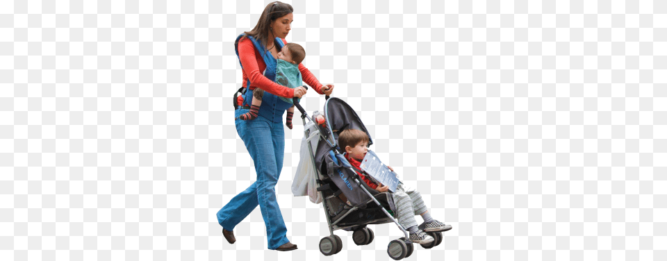 Woman With Stroller And Kids People Cutout Cut Out People With Kids, Clothing, Pants, Baby, Person Free Png