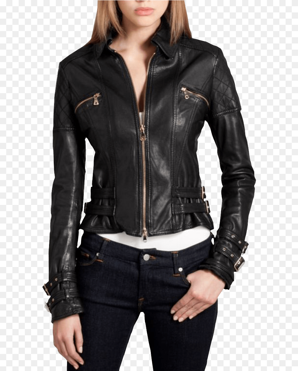 Women Leather Jacket Transparent Background Fitted Biker Jacket For Women, Adult, Person, Woman, Female Png Image