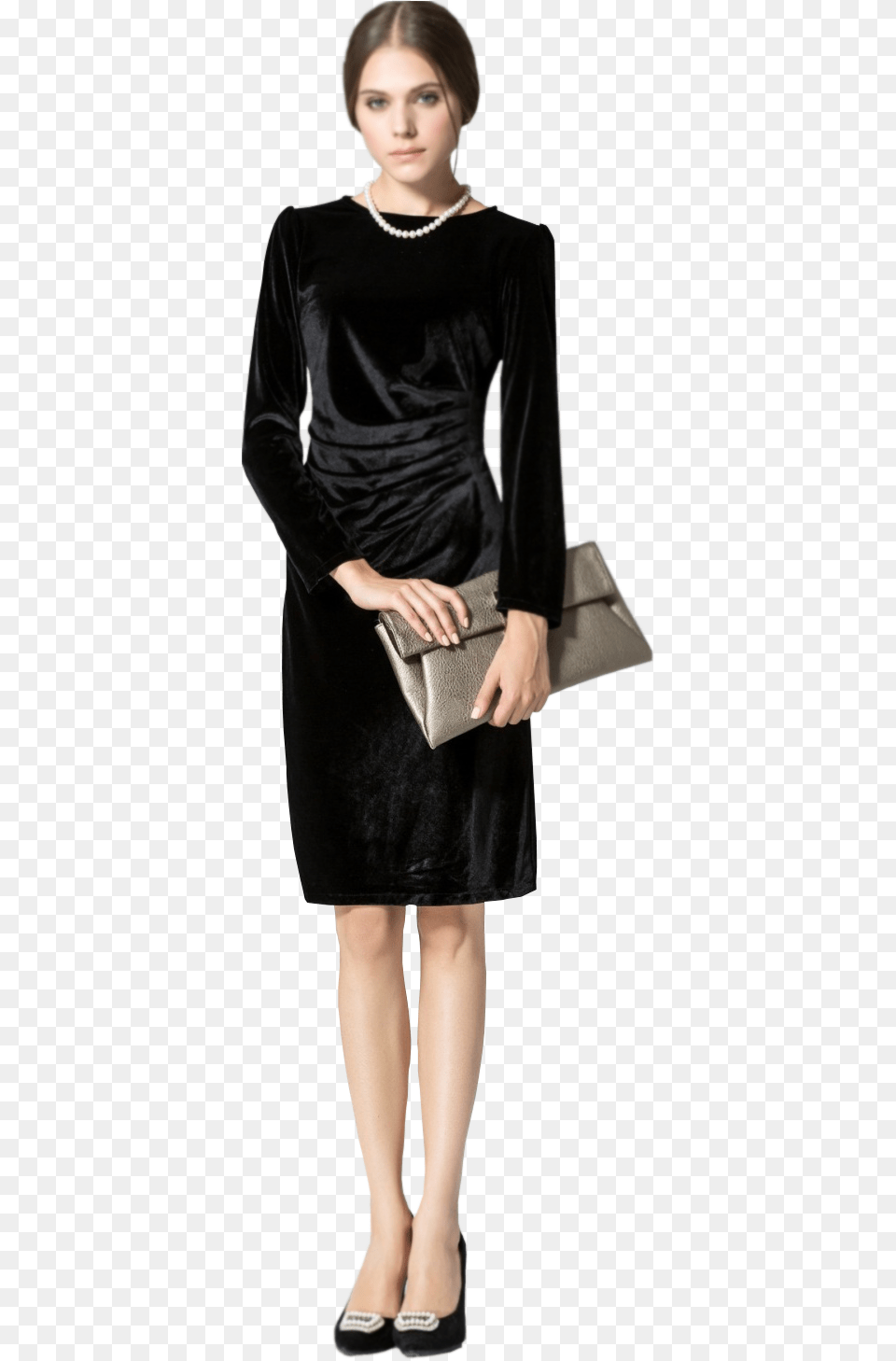 Women Long Sleeved Round Neck Slim Velvet Pleated Winter Dress, Accessories, Long Sleeve, Handbag, Sleeve Png Image