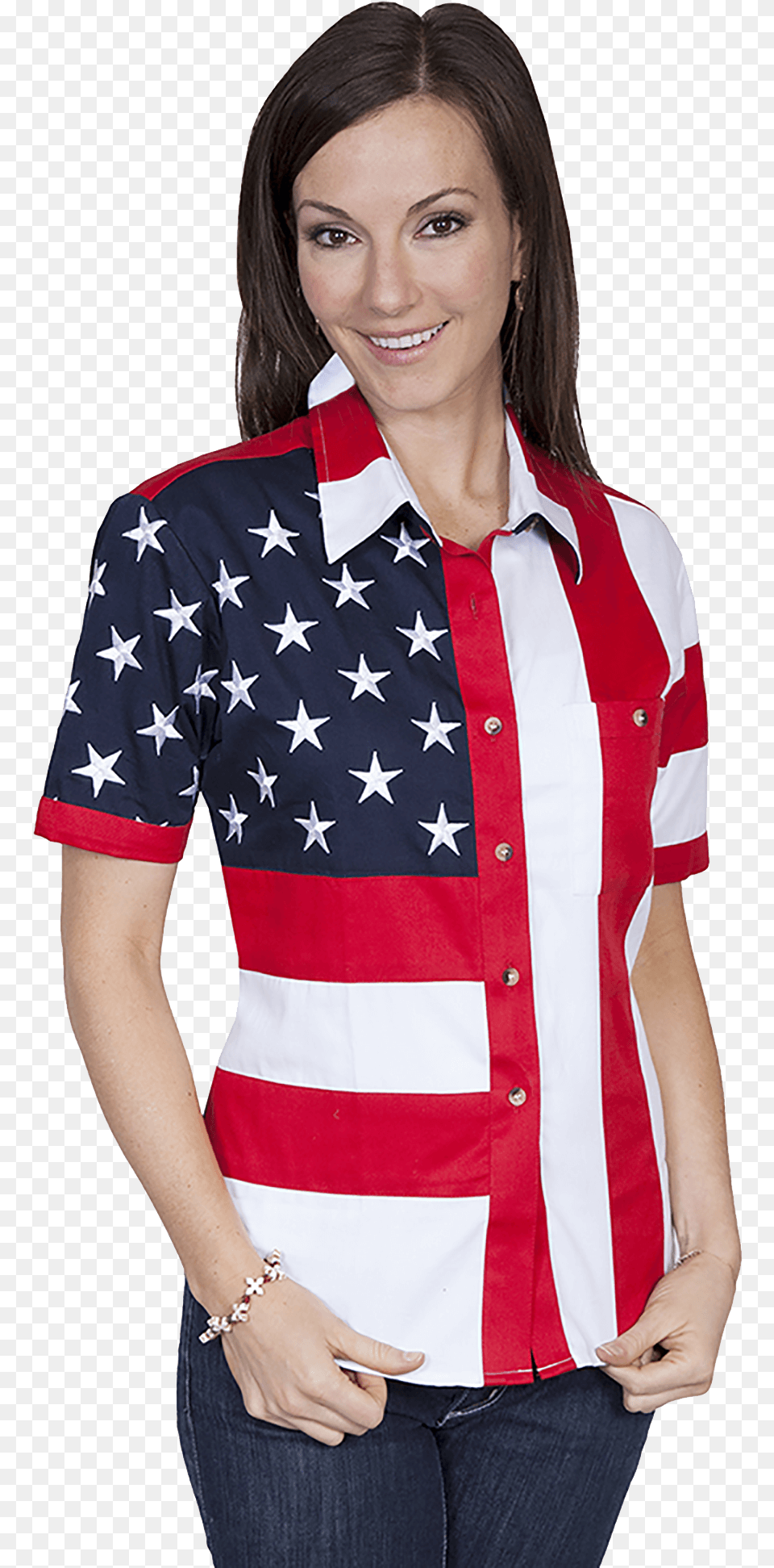 Women S Short Sleeve Stars Flag Shirt American Flag Shirt, Blouse, Clothing, Woman, Person Png Image