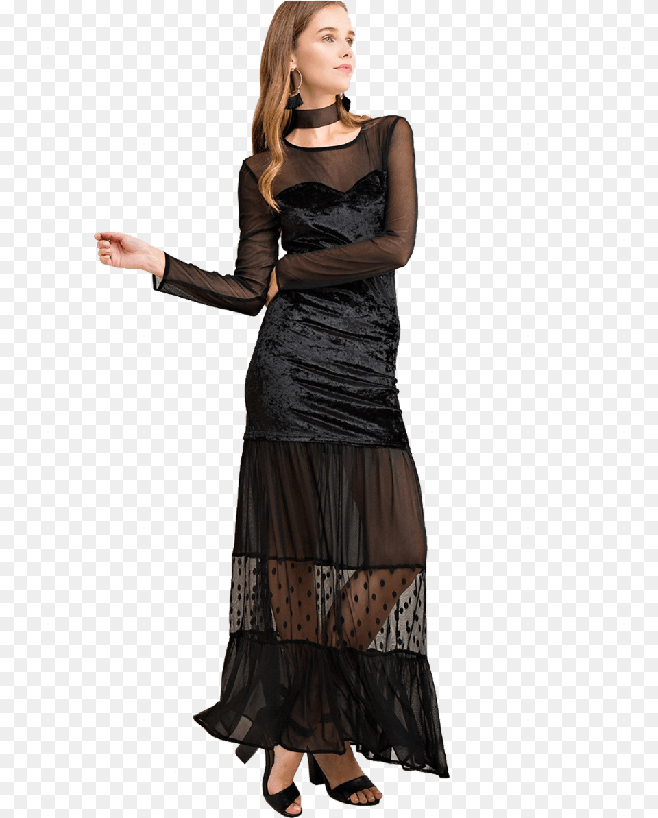 Women S Solid Mesh Maxi Dress Wvelvet Body Detail Photo Shoot, Adult, Sleeve, Person, Long Sleeve Free Png