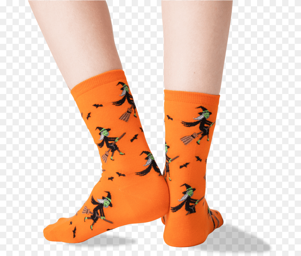 Women S Witch On A Broom Socks In Orange Frontclass Orange, Clothing, Hosiery, Sock, Person Free Png