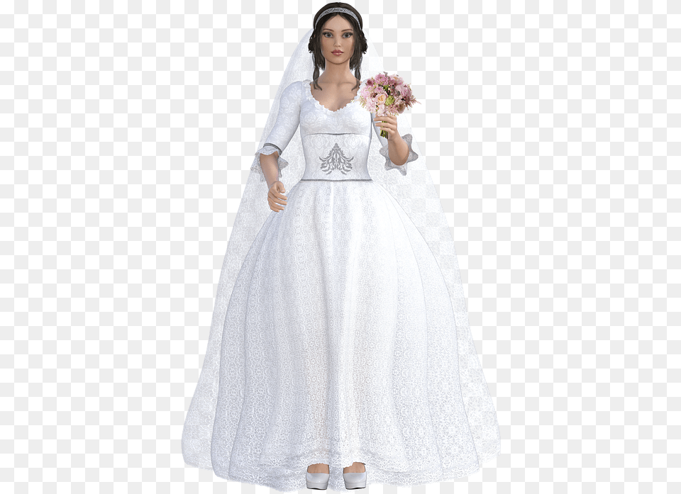 Women Wedding Character Flowers Veil Wedding Dress, Clothing, Plant, Gown, Formal Wear Png Image