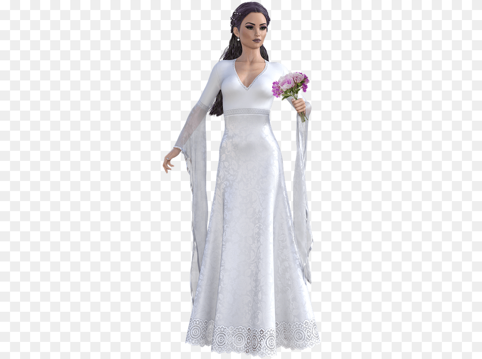 Women Wedding Flowers Image On Pixabay Woman In Wedding Dress, Flower Bouquet, Long Sleeve, Gown, Formal Wear Free Png Download