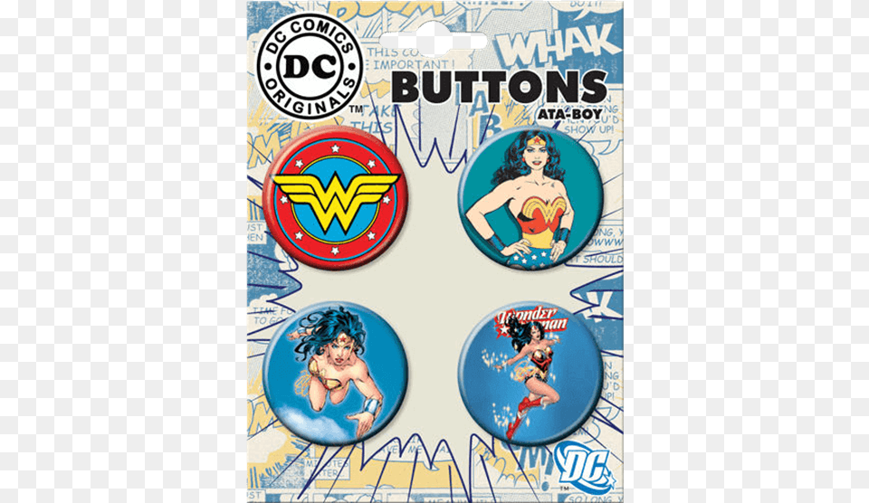 Wonder Woman Amazing Amazon Button Set Dc Wonder Woman 4 Button Set, Badge, Logo, Symbol, Person Free Transparent Png