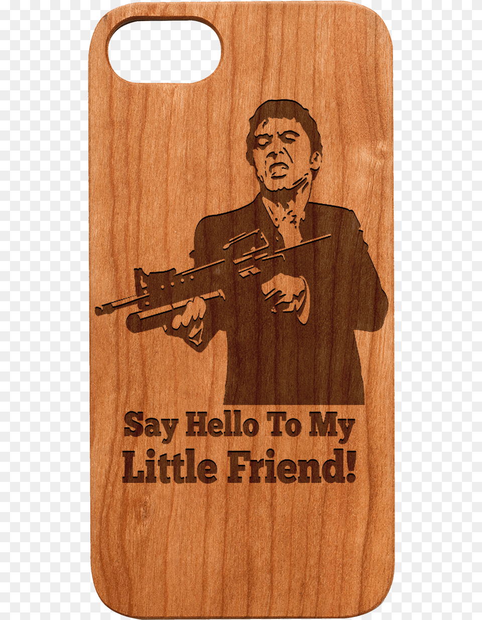 Wood Case Say Hello To My Little Friend Sticker, Weapon, Person, Man, Male Png Image