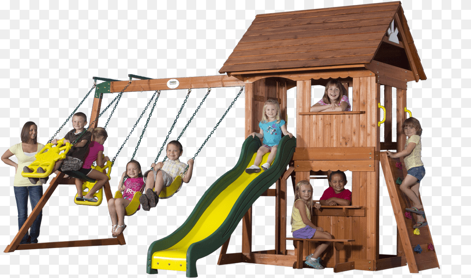 Wood Swing Set With Slide And Glider Download Swing, Play Area, Adult, Person, Outdoors Free Transparent Png