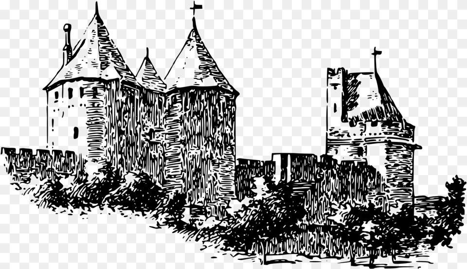 Woodcut Woodblock Printing Fortification Castle Defensive Carcassonne Castle Clipart, Gray Png