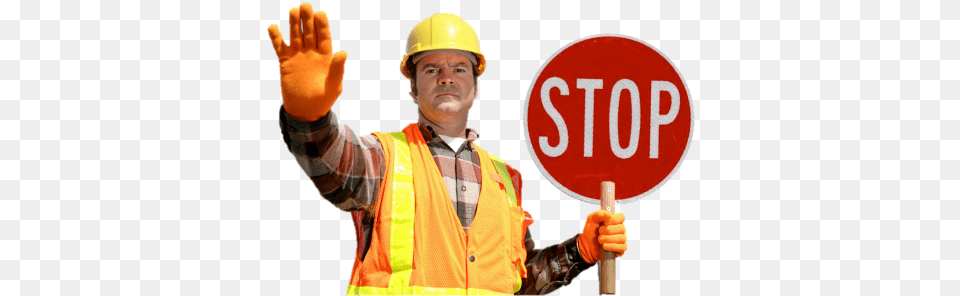 Worker Holding A Stop Sign Laurel And Yanni Meme, Person, Helmet, Hardhat, Clothing Free Png