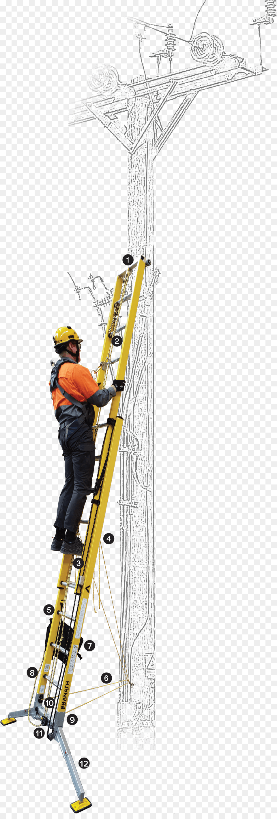 Worker Using Euromaster Fall Control Against Powerpole Abseiling, Utility Pole, Person, Clothing, Hardhat Free Png Download