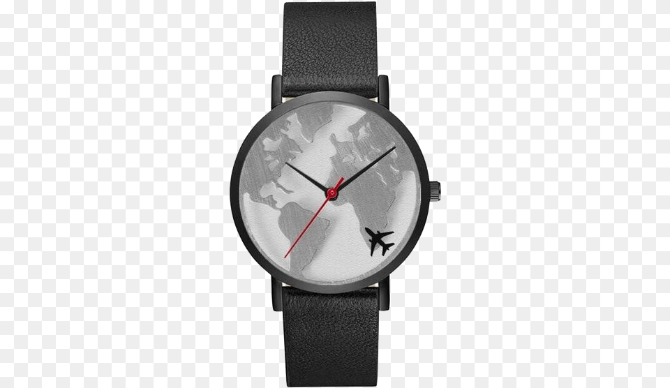 World Map Unisex Watch With Black Leather Strap Watch, Arm, Body Part, Person, Wristwatch Free Transparent Png