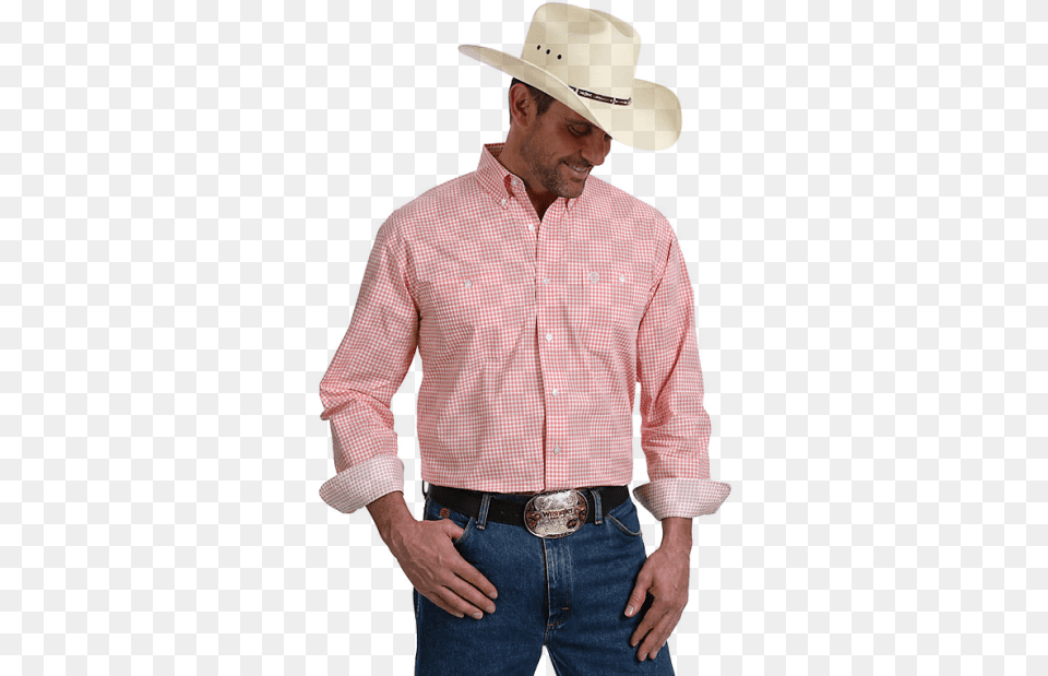 Wrangler George Strait Men S Ls Coralwhite Check Cowboy Hat, Clothing, Shirt, Adult, Male Free Png