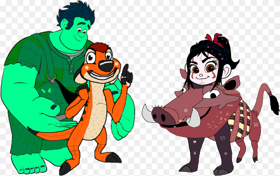 Wreck It Ralph Characters Dressed As The Lion King Pumbaa Transparent Lion King, Publication, Baby, Book, Person Free Png