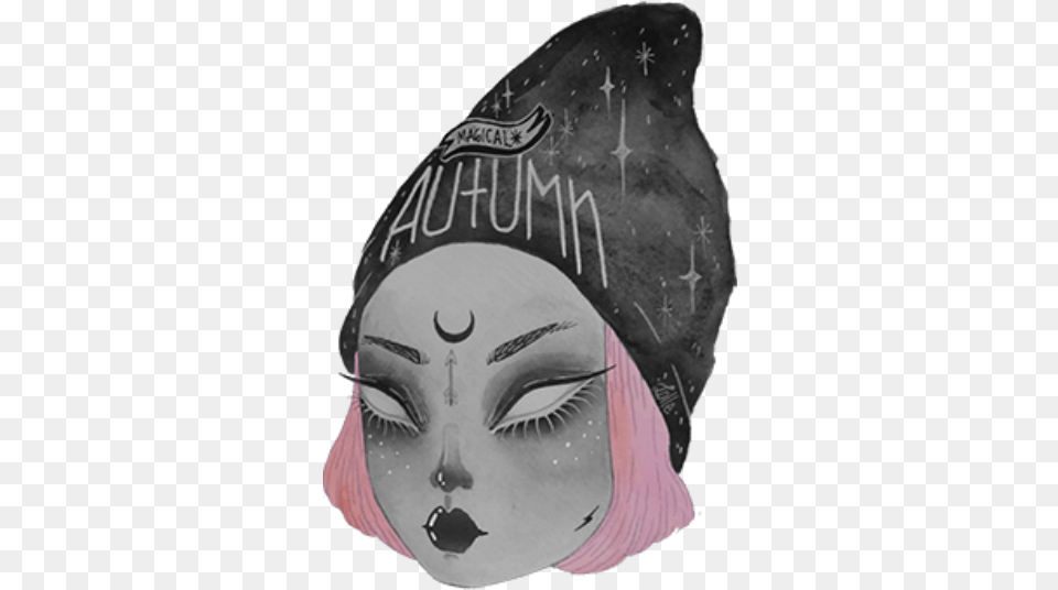 Yami Nemuri Creepy Girl Face Magical Autumn Art Print Mini By, Cap, Clothing, Hat, Bonnet Png