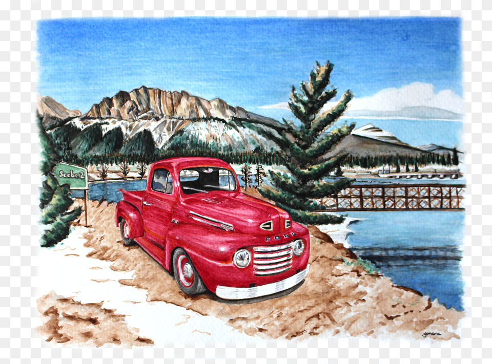 Yamnuska Mountain Seebe And The Ford Truck Watercolor Antique Car Png Image