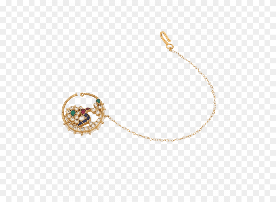 Yana Gold Plated Peacock Silver Nose Ring With Chain Chain, Accessories, Earring, Jewelry, Necklace Png Image