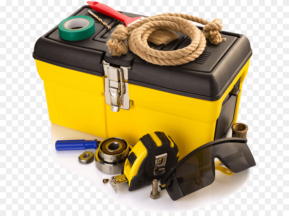 Yellow Box With Various Construction Tools Tools And Supplies, Device, First Aid Png Image