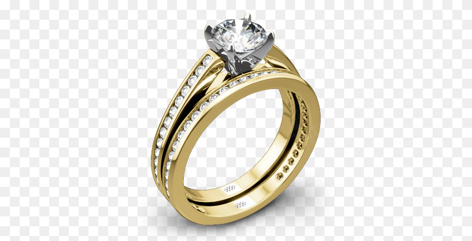 Yellow Gold With White Head Honey Channel Set Diamond Wedding Set Engagement Ring, Accessories, Jewelry, Gemstone Free Png Download