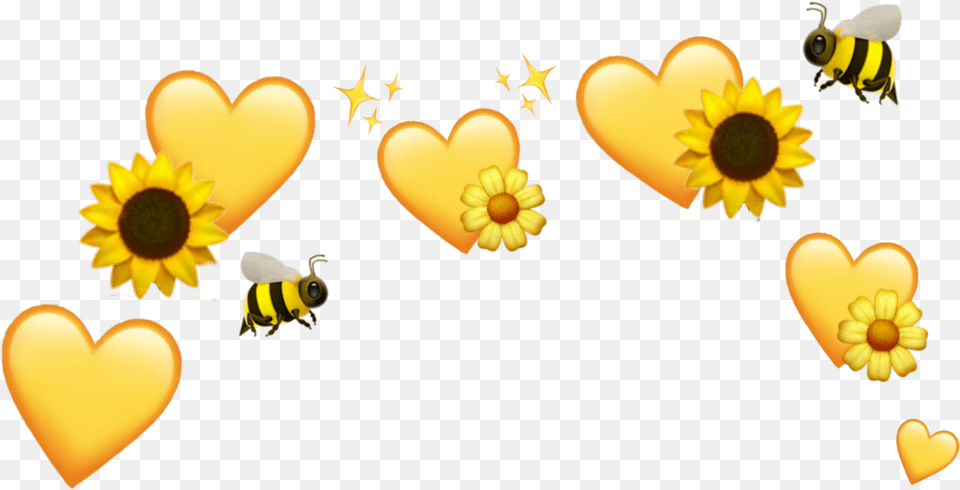 Yellow Hearts Sunflower Bee Flower Emoji Crown Emoji Sunflower And Yellow Hearts, Plant, Petal, Animal, Sea Life Png