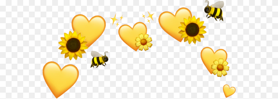 Yellow Hearts Sunflower Bee Flower Emoji Crown Yellow Heart Emoji Crown, Plant, Petal, Animal, Invertebrate Png Image