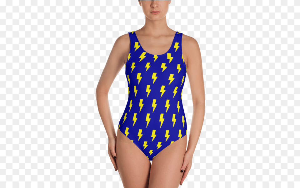 Yellow Lightning Bolts On Blue One Piece One Piece Swimsuit, Adult, Bikini, Clothing, Female Png