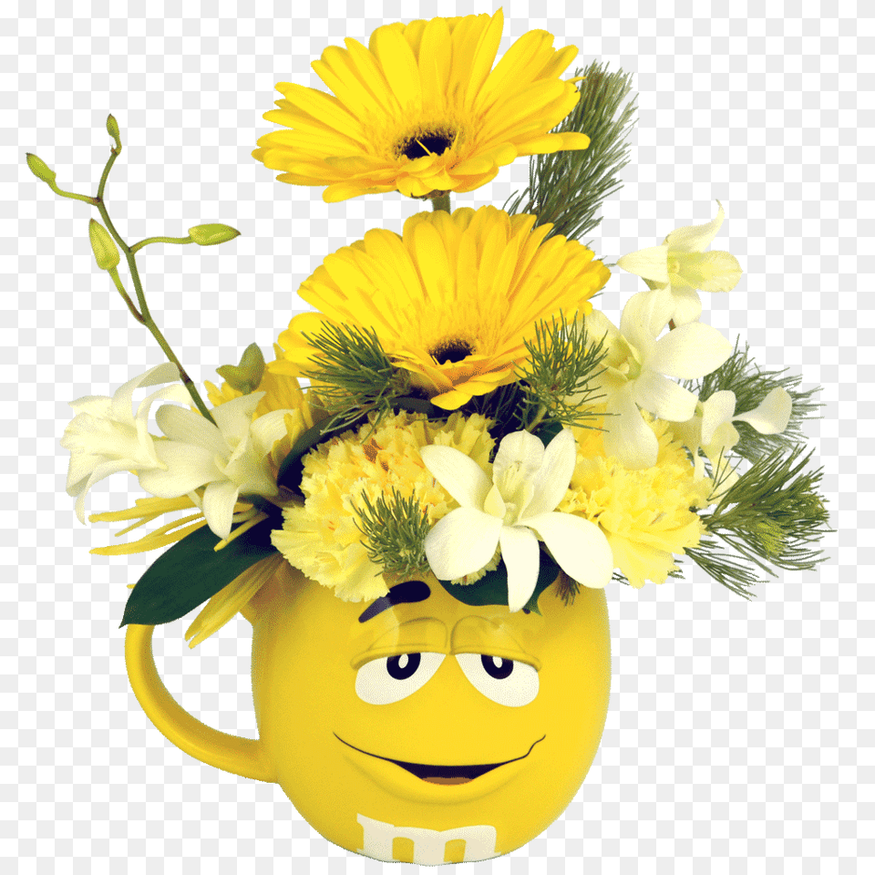Yellow Mampm Character Flower Mug Designed, Flower Arrangement, Flower Bouquet, Plant, Daisy Png