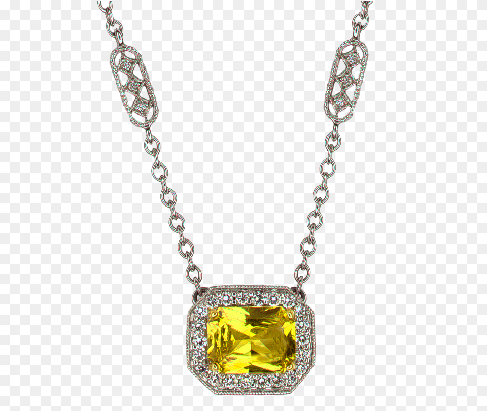 Yellow Sapphire Radiant Diamond Frame Pendant With Silver Heart Diamond Chain, Accessories, Jewelry, Necklace, Gemstone Free Png