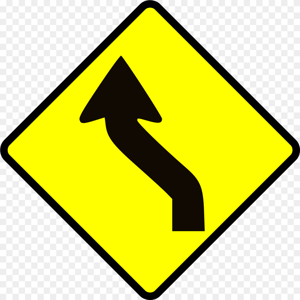 Yellow Sign With Black Arrow Reverse Curve To Left, Symbol, Road Sign, Blackboard Free Transparent Png