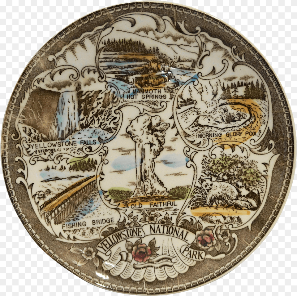 Yellowstone National Park Souvenir Plate Brown Transferware, Symbol, Text, Number Free Png