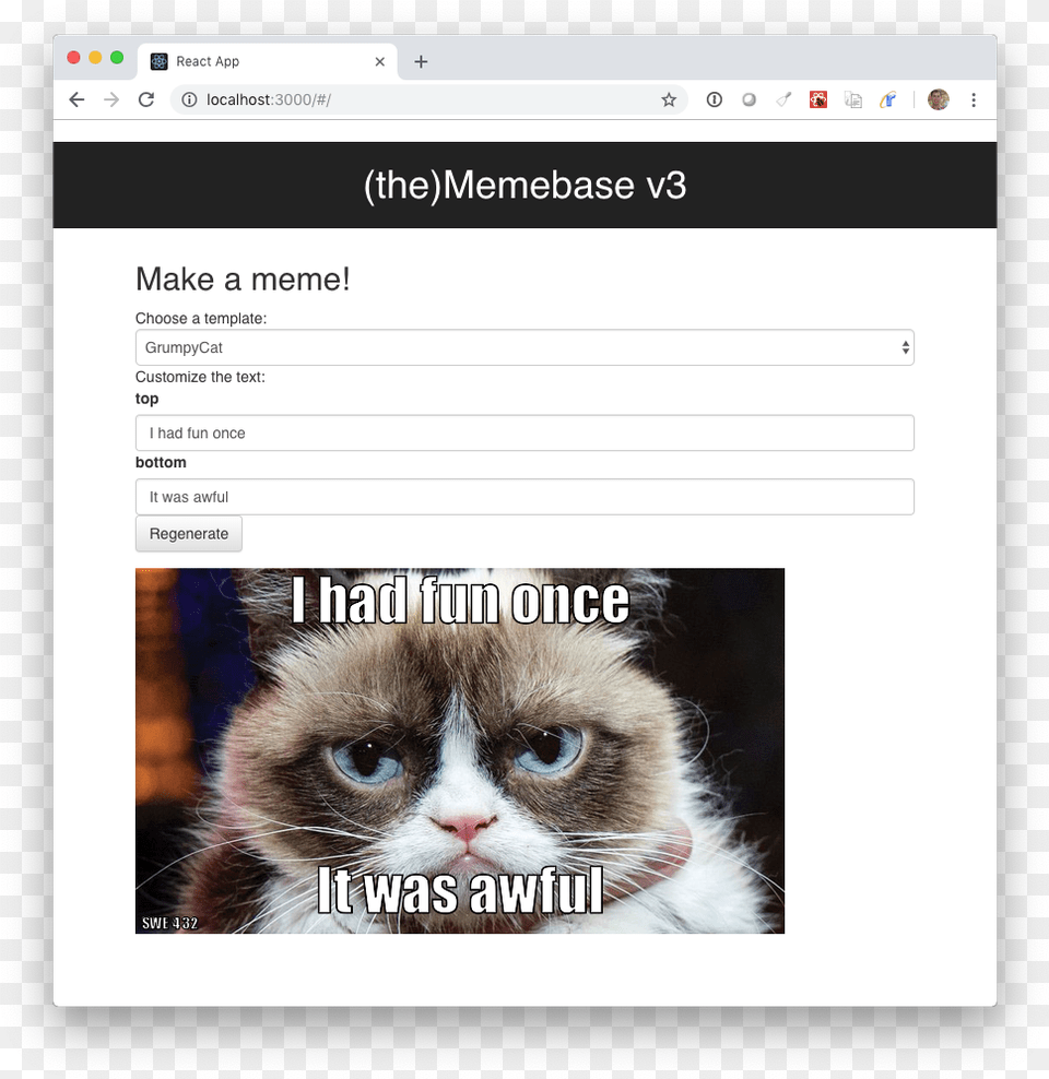 You Will Implement Two React Components And Memecustomizer Youtube Star Grumpy Cat, Text, Page, Pet, Mammal Png