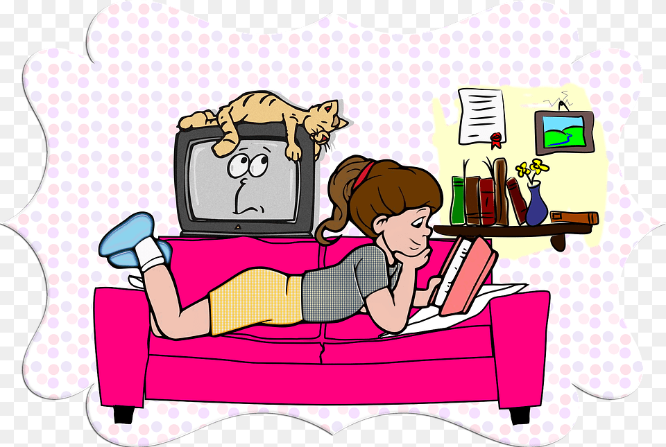 Young Girl Child Sofa Cat Pet Reading Books Girl, Furniture, Couch, Person, Baby Free Png