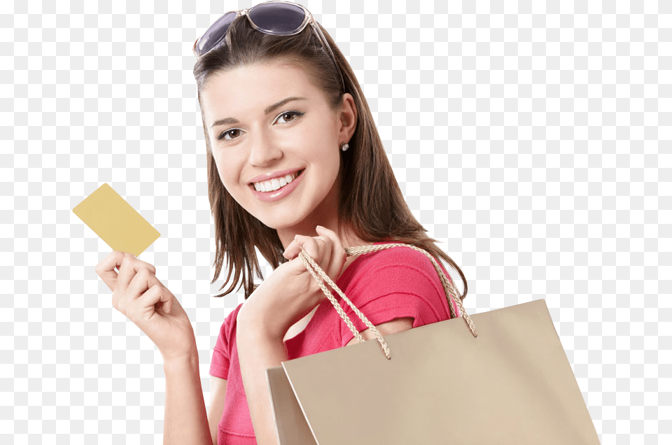 Young Girl Holdind Shopping Bags And Credit Card Transparent Background Shopping, Person, Face, Head, Bag Png