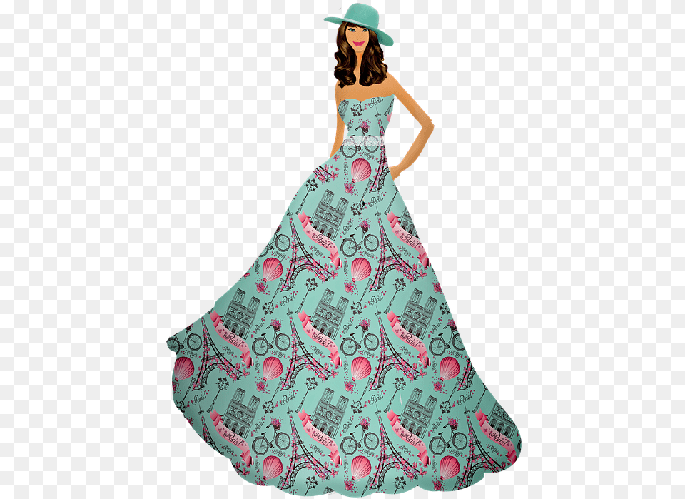 Young Girl Summer Long Dress Hat Woman Girl Young Gown, Clothing, Fashion, Formal Wear, Pattern Free Png Download