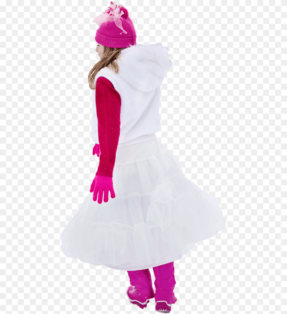 Young Girlwhite Dresspinkhot Pinkwalkingwinterfree Girl, Hat, Cap, Clothing, Person Free Png