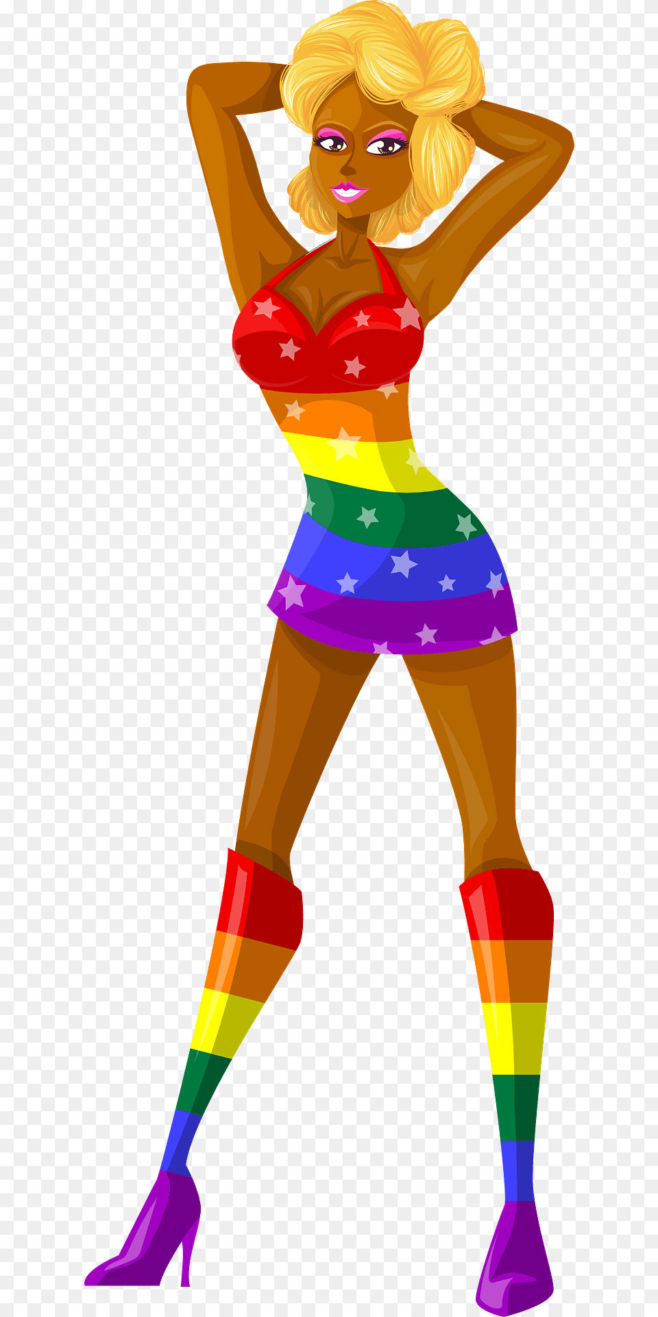 Young Lady Blond Hair Dark Skin Rainbow Dress With Star Pattern Clipart, Person, Face, Clothing, Costume Png Image