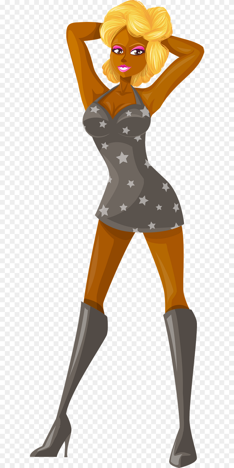Young Lady Blonde Hair Dark Skin Gray Dress With Star Pattern Clipart, Person, Face, Head, Dancing Free Png Download