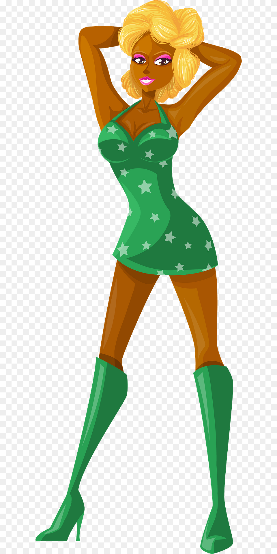 Young Lady Blonde Hair Dark Skin Green Dress With Star Pattern Clipart, Person, Clothing, Costume, Elf Free Png Download