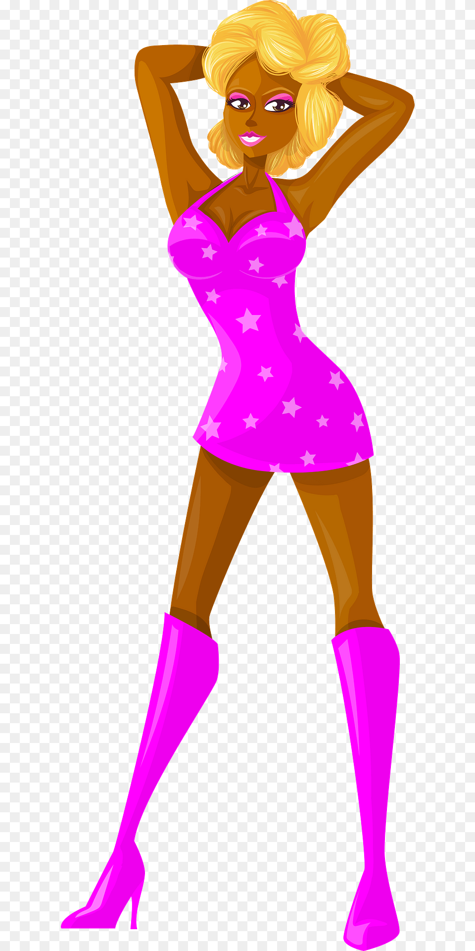 Young Lady Blonde Hair Dark Skin Pink Dress With Star Pattern Clipart, Person, Dancing, Leisure Activities, Face Png