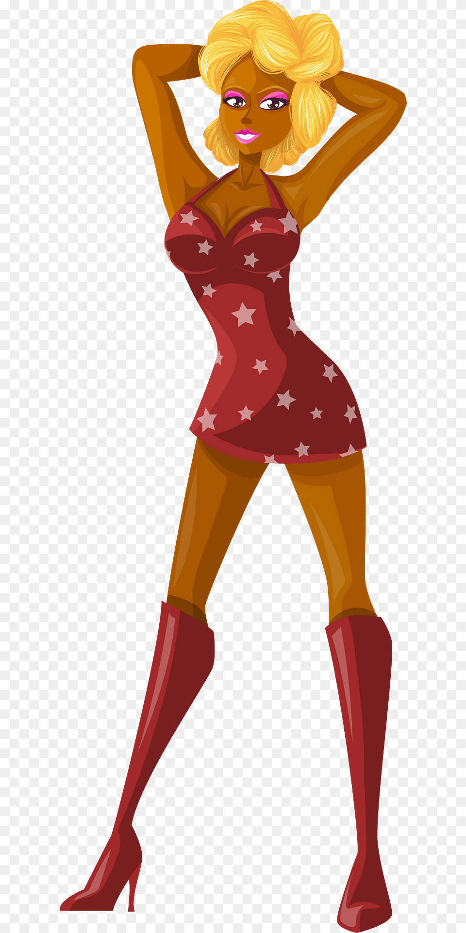 Young Lady Blonde Hair Dark Skin Red Dress With Star Pattern Clipart, Person, Leisure Activities, Head, Face Free Transparent Png