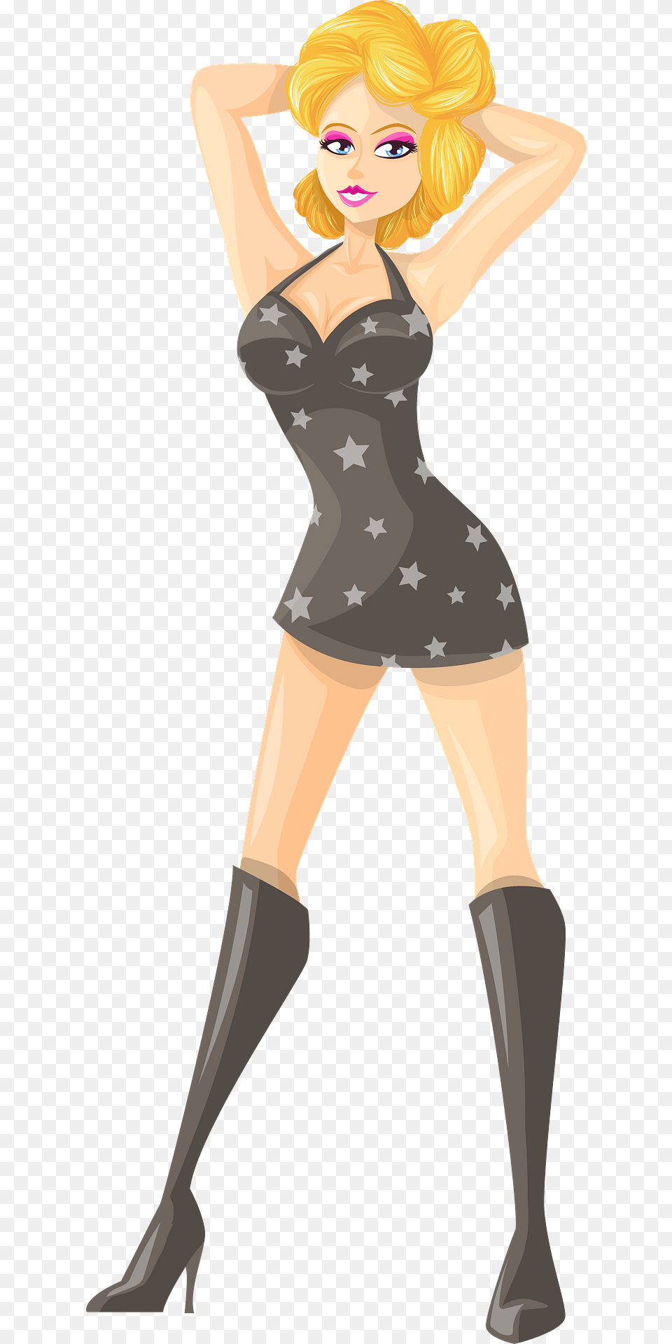 Young Lady Blonde Hair Light Skin Gray Dress With Star Pattern Clipart, Adult, Person, Woman, Female Png Image