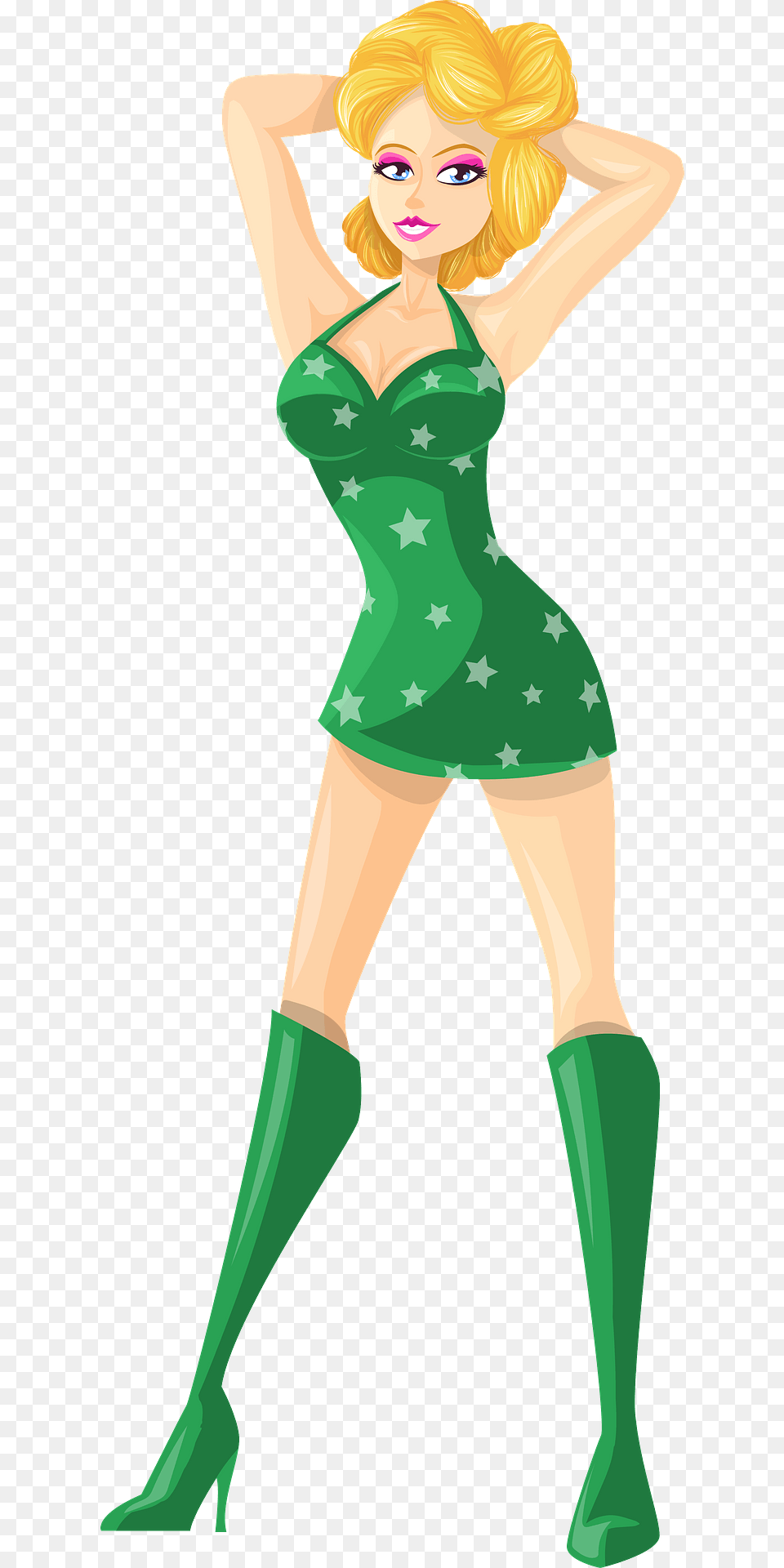 Young Lady Blonde Hair Light Skin Green Dress With Star Pattern Clipart, Adult, Person, Female, Woman Free Png Download