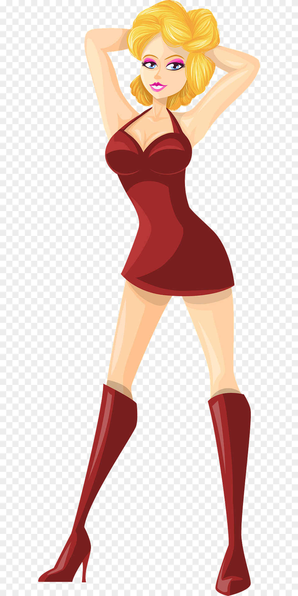 Young Lady Blonde Hair Light Skin Plain Red Dress Clipart, Adult, Person, Female, Woman Png Image